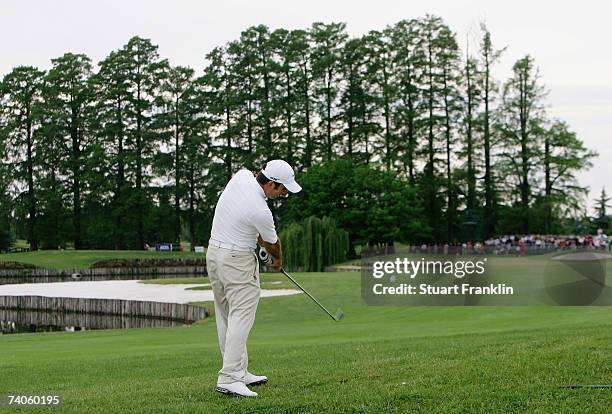 Francesco Molinari of Italy plays his approach shot on the 18th hole during the first round of The Telecom Italian Open Golf at The Castello Di...