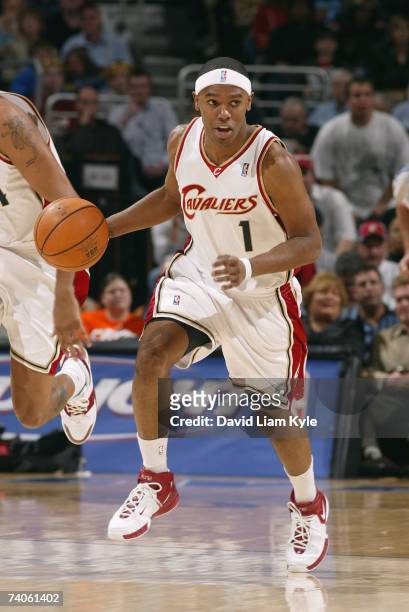 Daniel Gibson of the Cleveland Cavaliers dribbles against the Milwaukee Bucks at Quicken Loans Arena on April 18, 2007 in Cleveland, Ohio. The Cavs...