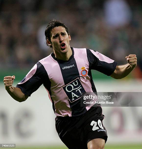 Coro of Espanyol celebrates after he scored the 1st goal during the UEFA Cup semi-final, 2nd leg match between Werder Bremen and Espanyol at the...