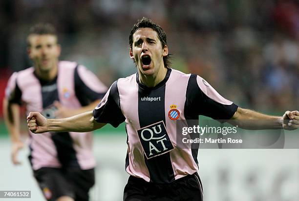 Coro of Espanyol celebrates after he scoring the first goal for his team during the UEFA Cup semi-final, 2nd leg match between Werder Bremen and...