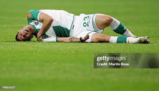 Hugo Almeida of Bremen lies on the ground during the UEFA Cup semi-final, 2nd leg match between Werder Bremen and Espanyol at the Weser stadium on...