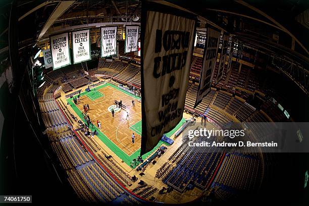 Shot of the Boston Garden and the championship banners from the rafters prior to a game played in 1990 in Boston Massachusetts. NOTE TO USER: User...