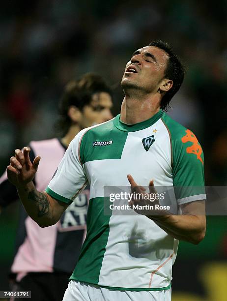 Hugo Almeida of Bremen reacts during the UEFA Cup semi-final, 2nd leg match between Werder Bremen and Espanyol at the Weser stadium on May 3, 2007 in...