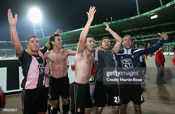 Raul Tamudo and Pablo Zabaleta celebrate with the fans after the UEFA Cup semi-final, 2nd leg match between Werder Bremen and Espanyol at the Weser...