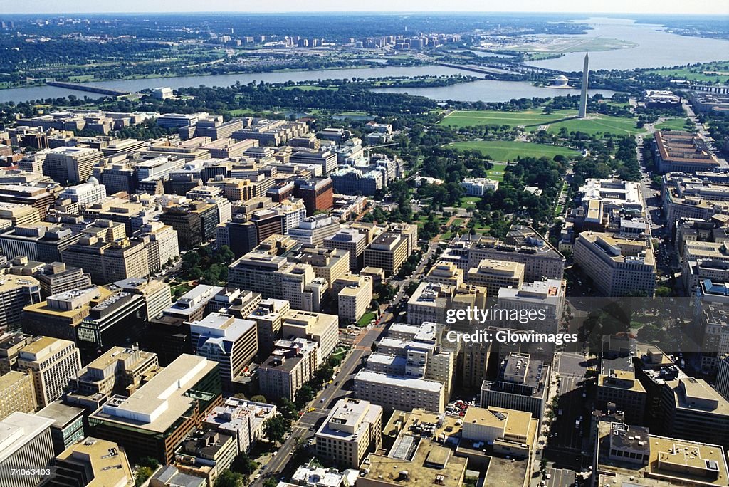 Aerial view of buildings along a river, Washington DC, USA