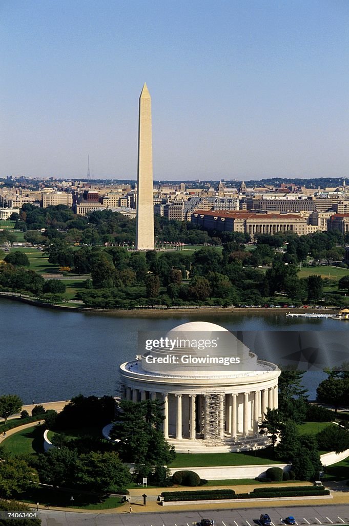 Aerial view of a government building, Jefferson Memorial, Washington Monument, Washington DC, USA