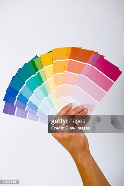 close-up of a person's hand holding color swatches - colour swatch stockfoto's en -beelden