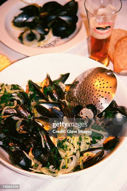 high angle view of black mussel in a plate, netherlands - schuimspatel stockfoto's en -beelden