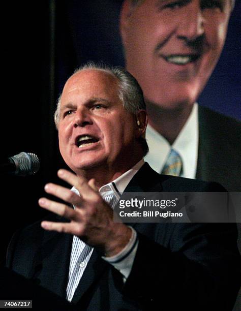 Radio talk show host and conservative commentator Rush Limbaugh speaks at "An Evenining With Rush Limbaugh" event May 3, 2007 in Novi, Michigan. The...