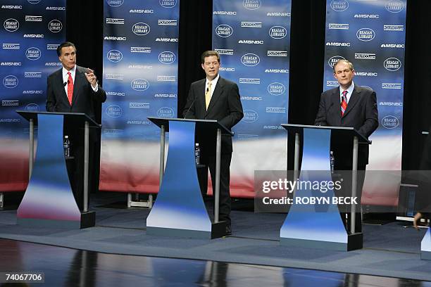 Simi Valley, UNITED STATES: Former Massachusetts Governor Mitt Romney, Sen. Sam Brownback of Kansas and former Virginia Governor Jim Gilmore...