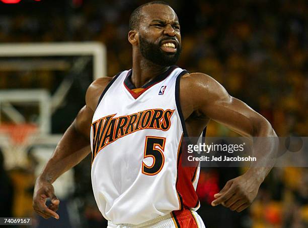 Baron Davis of the Golden State Warriors celebrates against the Dallas Mavericks in Game 6 of the Western Conference Quarterfinals during the 2007...
