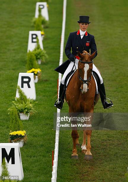 Zara Phillips rides Toytown during the Dressage event on the third day of the Badminton Horse Trials on May 4, 2007 in Badminton, Gloucestershire,...