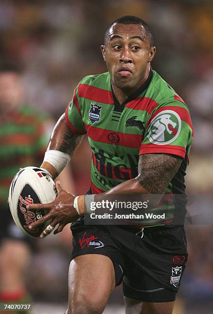 Roy Asotasi of the Rabbitohs in attack during the round eight NRL match between the Brisbane Broncos and the South Sydney Rabbitohs at Suncorp...