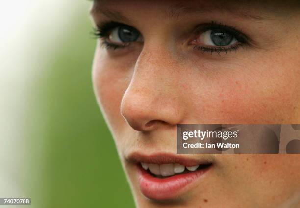 Zara Phillips speaks to the press on the day she competes in the Dressage event, riding Toytown, on the third day of the Badminton Horse Trials on...