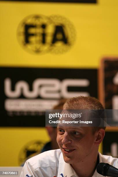 Mikko Hirvonen of Finland and Ford attends a press conference at the Super Special Stage on day one of the WRC Rally of Argentina 2007 at the River...