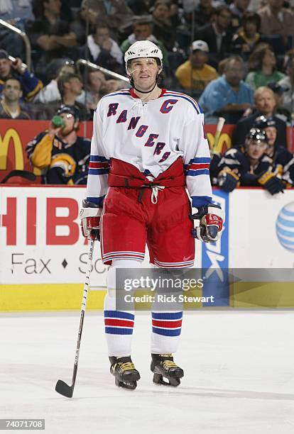 Jaromir Jagr of the New York Rangers looks on against the Buffalo Sabres in Game 1 of the Eastern Conference Semifinals during the 2007 NHL Stanley...