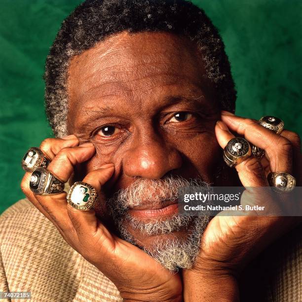 Bill Russell of the Boston Celtics poses for a photo with eleven of his Championship rings in 1996 in Boston, Massachusetts. NOTE TO USER: User...