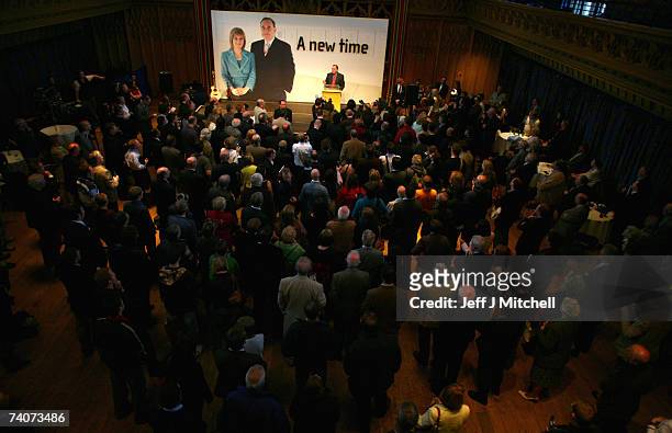 Alex Salmond leader of the SNP addresses a gathering of party activists as they celebrate their win in the Scottish Parliamentary elections on May 4,...
