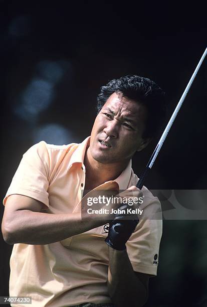 Isao Aoki watches his tee shot during the 1980 US Open at the Baltusrol Golf Club.