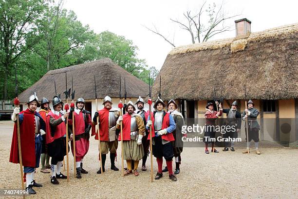 Men pose in historic costume at Jamestown Settlement on May 4, 2007 in Williamsburg, VA.