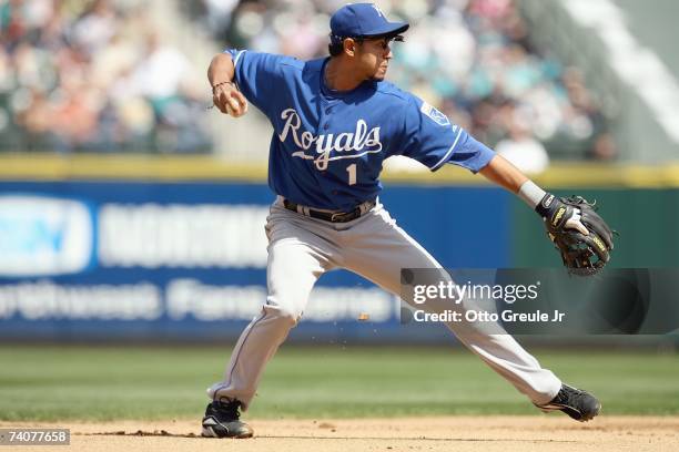 Tony Pena of the Kansas City Royals fields the ball against the Seattle Mariners on April 29, 2007 at Safeco Field in Seattle, Washington. The...