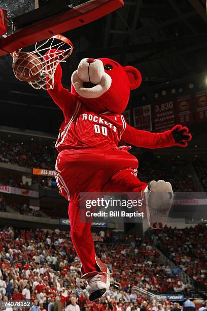 The Houston Rockets mascot Clutch The Bear slam dunks during a break in Game Five of the Western Conference Quarterfinals during the 2007 NBA...