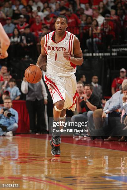 Tracy McGrady of the Houston Rockets drives upcourt in Game Five of the Western Conference Quarterfinals during the 2007 NBA Playoffs against the...