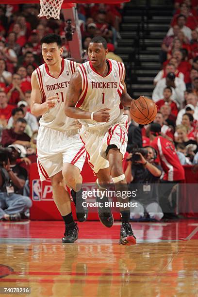 Tracy McGrady and Yao Ming of the Houston Rockets drive upcourt in Game Five of the Western Conference Quarterfinals during the 2007 NBA Playoffs...