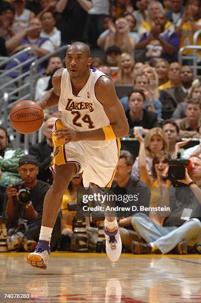 Kobe Bryant of the Los Angeles Lakers dribbles against the Phoenix Suns in Game Four of the Western Conference Quarterfinals during the 2007 NBA...