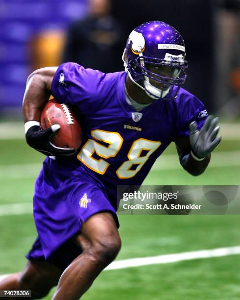 Minnesota Vikings draft pick Adrian Peterson practices at rookie camp on May 4, 2007 at Olympics Place in Eden Prairie, Minnesota.