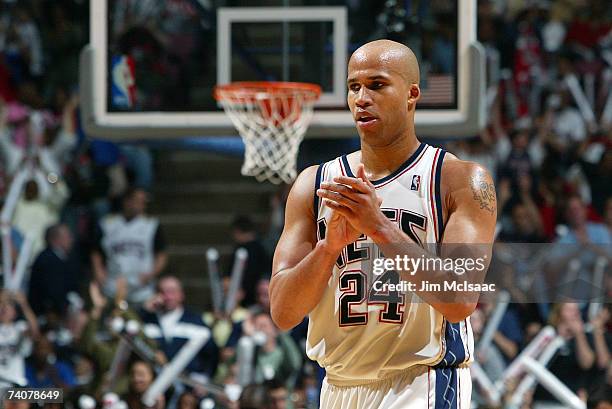 Richard Jefferson of the New Jersey Nets claps while playing against the Toronto Raptors in Game Six of the Eastern Conference Quarterfinals during...