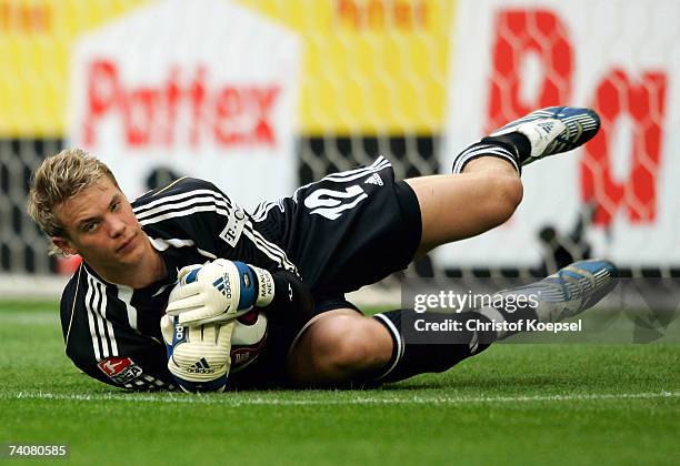 Manuel Neuer of Schalke makes a save during the Bundesliga match between Schalke 04 and 1.FC Nuremberg at the Veltins Arena on May 5, 2007 in...