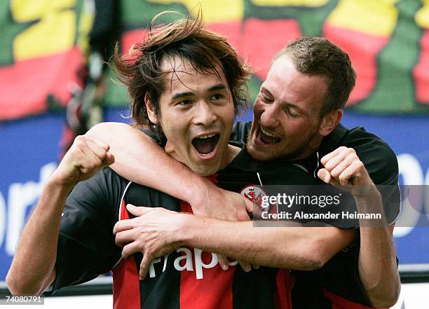 Frankfurt celebrate their third goal by Naohiro Takahara during the Bundesliga match between Eintracht Frankfurt and Alemannia Aachen at the...