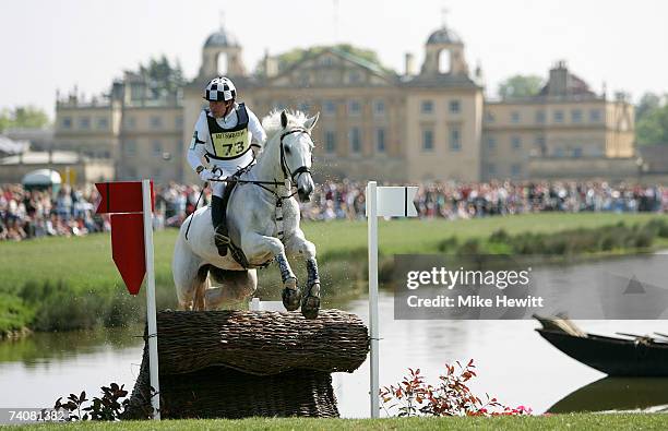 Hinrich Romeike of Germany on Marius Voigt-Logistik exits the lake during the Mitsubishi Motors Badminton Horse Trials on May 5, 2007 in Badminton,...