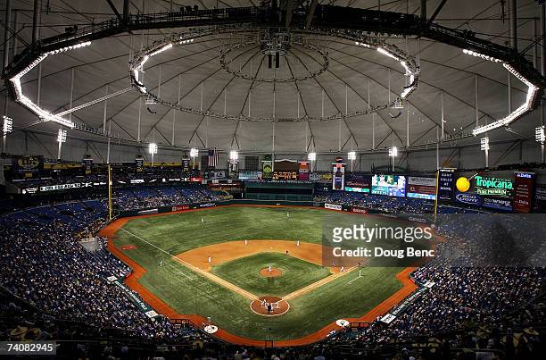 View from the upper deck as the Oakland Athletics take on the Tampa Bay Devil Rays at Tropicana Field on May 5, 2007 in St. Petersburg, Florida.