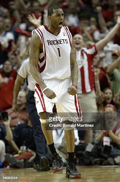 Forward Tracy McGrady of the Houston Rockets reacts against the Utah Jazz in Game Seven of the Western Conference Quarterfinals during the 2007 NBA...