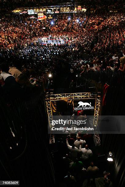 Floyd Mayweather Jr. Enters the ring before his WBC super welterweight championship fight against Oscar De La Hoya at the MGM Grand Garden Arena May...