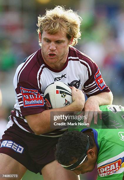 Luke Williamson of Manly in action during the round eight NRL match between the Canberra Raiders and the Manly Warringah Sea Eagles at Canberra...