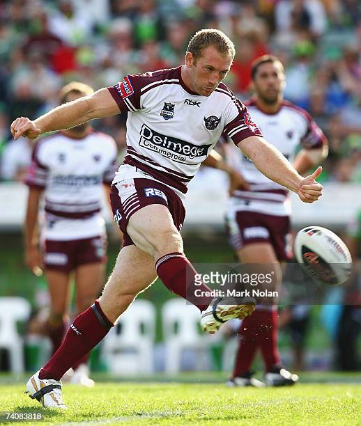 Michael Monaghan of Manly kicks during the round eight NRL match between the Canberra Raiders and the Manly Warringah Sea Eagles at Canberra Stadium...