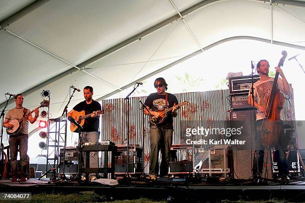Yonder Mountain String Band perform during day 1 of the Inaugural Stagecoach Country Music Festival held at the Empire Polo Field on May 5, 2007 in...