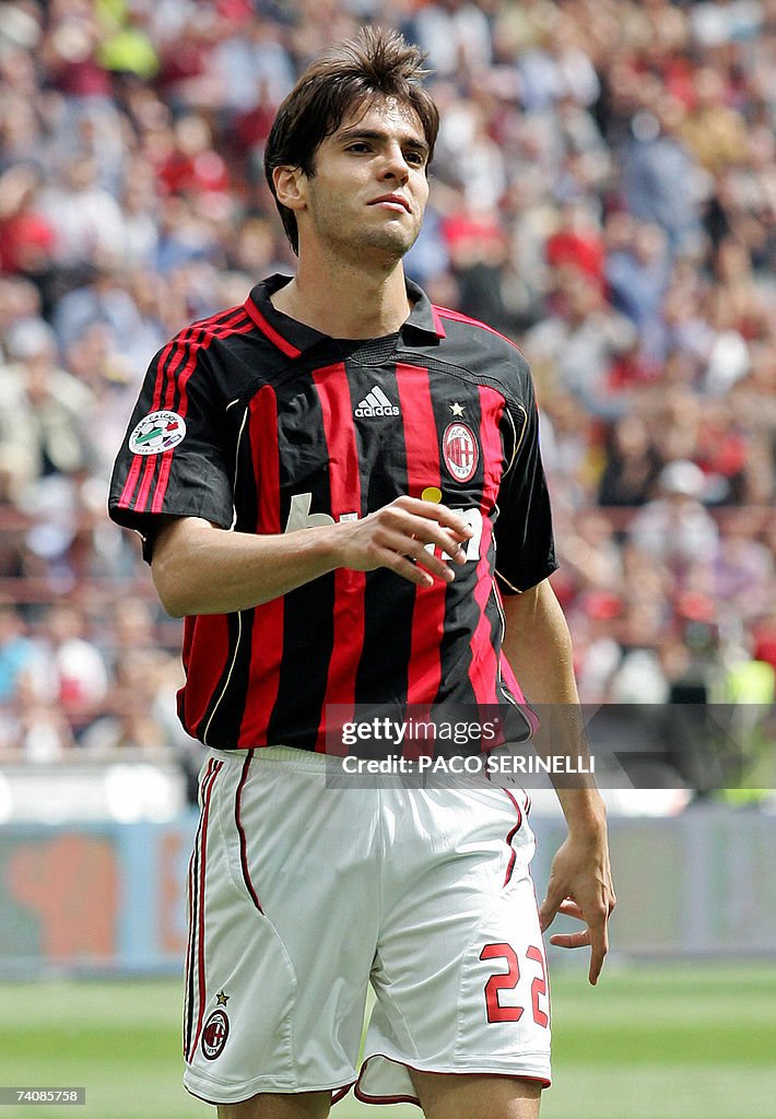 AC Milan's forward Kaka reacts after mis...