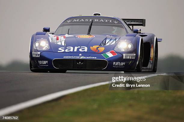 The Maserati MC12 GT1 of Andrea Bertoli and Andrea Piccini is seen in action during warm-up for the FIA GT Championship at Silverstone Circuit on May...