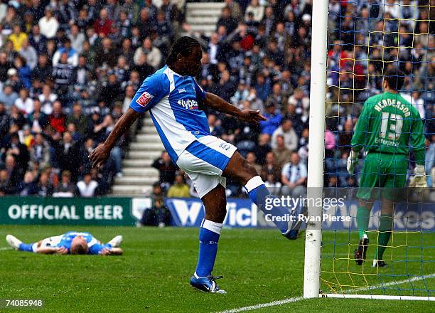 Cameron Jerome of Birmingham City kicks the post after missing a shot on goal during the Coca Cola Championship match between Preston North End and...