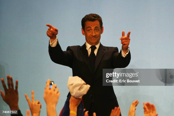 Conservative UMP Leader and French Presidential candidate Nicolas Sarkozy celebrates victory in the Second Round of the French Presidential Elections...