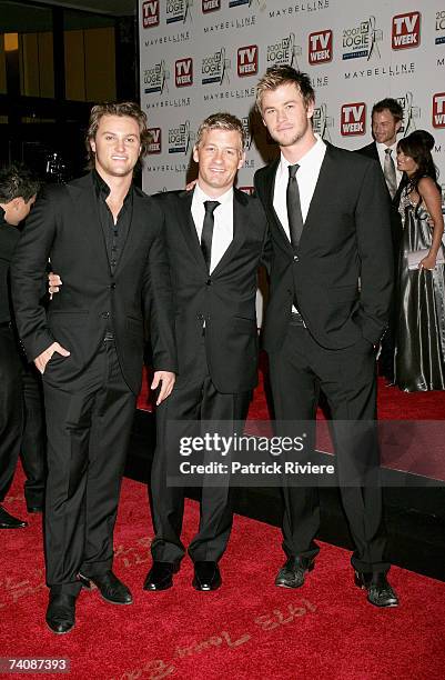 Home And Away actors Mark Furze, Nicholas Bishop and Chris Hemsworth arrive at the 2007 TV Week Logie Awards at the Crown Casino on May 6, 2007 in...