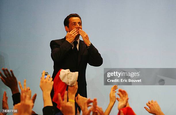 Conservative UMP Leader and French Presidential candidate Nicolas Sarkozy celebrates victory in the Second Round of the French Presidential Elections...