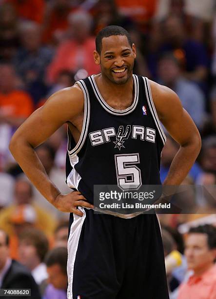 Robert Horry of the San Antonio Spurs has a laugh in Game One of the Western Conference Semifinals against the Phoenix Suns during the 2007 NBA...