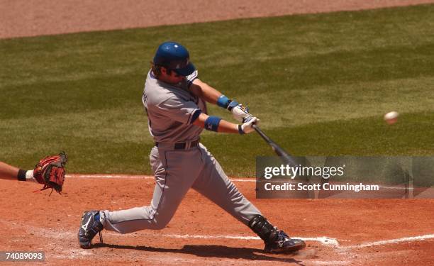 Andy LaRoche of the Los Angeles Dodgers doubles for his first major league hit against the Atlanta Braves at Turner Field on May 6, 2007 in Atlanta,...