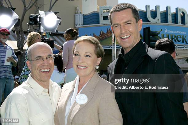 Dreamworks CEO Jeffrey Katzenberg, actress Julie Andrews and actor Rupert Everett arrive at the premiere of Dreamworks' "Shrek The Third" on May 6,...