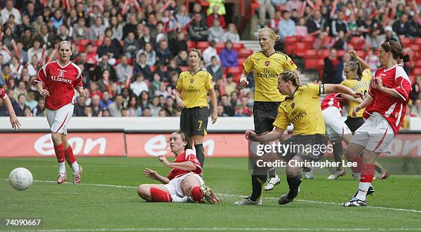 Jayne Ludlow of Arsenal scores their second goal during the FA Womens Cup final sponsored by E.ON match between Arsenal and Charlton Athletic at the...